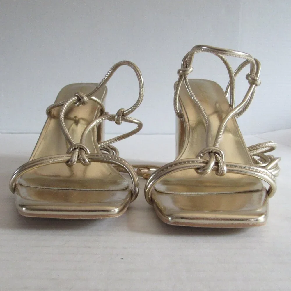 Elisabet Tang Metallic Gold Tie Up Block Heel Open Toe Sandals Size 9.5